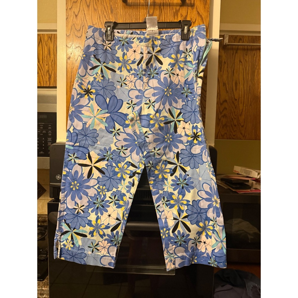 Carolina Blues Floral Crop Pants Blue Yellow Stretch Side Zip Capris Womens 14